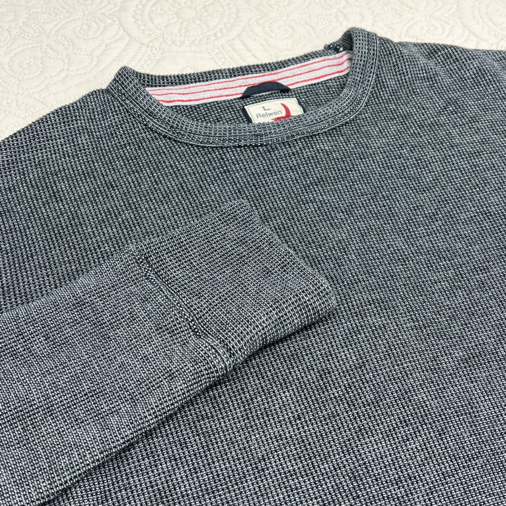 Relwen Mens Gray White Micro Waffle Thermal Long Sleeve Crewneck Shirt Large